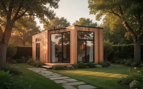 Ein modernes, minimalistisches Tiny House in einem gepflegten Garten bei warmem Licht. - Foto: über boerse-global.de