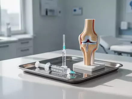 Eine medizinische Spritze mit Hyaluronsäure neben einem anatomischen Modell eines Kniegelenks in einer Arztpraxis. - Foto: über boerse-global.de