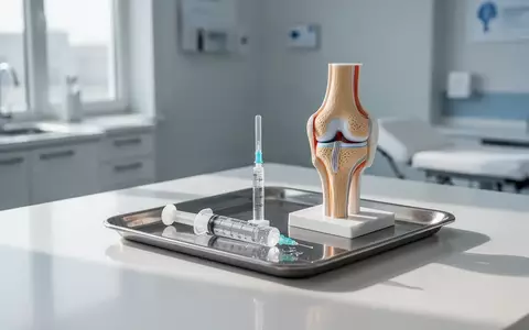 Eine medizinische Spritze mit Hyaluronsäure neben einem anatomischen Modell eines Kniegelenks in einer Arztpraxis. - Foto: über boerse-global.de