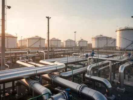 Moderne Energieinfrastruktur mit Pipelines und Speichertanks in einer industriellen Anlage bei Sonnenuntergang. - Foto: über boerse-global.de