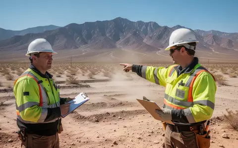 Geologe bei der Begutachtung eines erschließungsfähigen Bergbaugeländes in einer weitläufigen Wüstenlandschaft. - Foto: über boerse-global.de