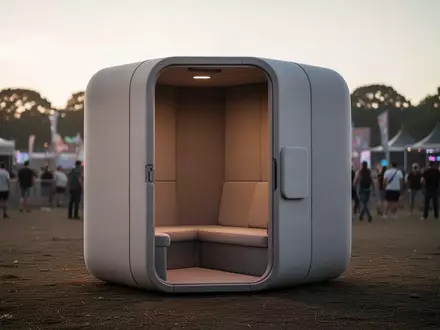 Ein minimalistischer Ruhe-Container als Rückzugsort in einer ruhigen Ecke eines Festivalgeländes. - Foto: über boerse-global.de