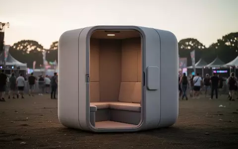 Ein minimalistischer Ruhe-Container als Rückzugsort in einer ruhigen Ecke eines Festivalgeländes. - Foto: über boerse-global.de