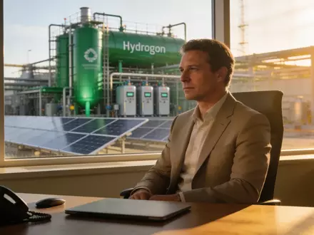 Eine Führungskraft in einem modernen Büro mit Blick auf eine Wasserstoffproduktionsanlage. - Foto: über boerse-global.de