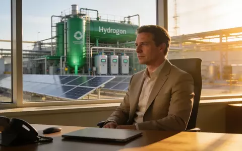 Eine Führungskraft in einem modernen Büro mit Blick auf eine Wasserstoffproduktionsanlage. - Foto: über boerse-global.de