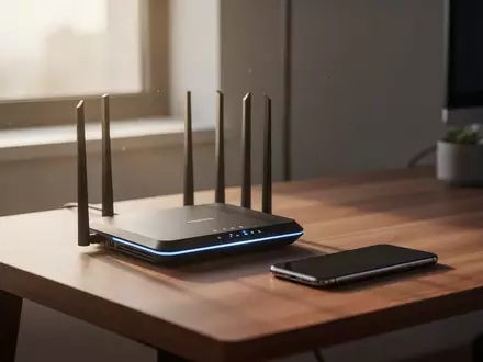Ein moderner Router und ein Smartphone auf einem Holztisch in einem hellen Büro. - Foto: über boerse-global.de