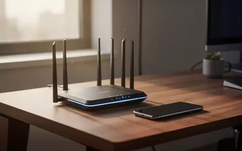 Ein moderner Router und ein Smartphone auf einem Holztisch in einem hellen Büro. - Foto: über boerse-global.de