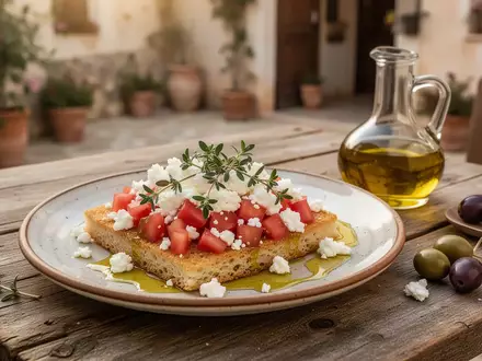 Traditionelle kretische Dakos auf einem rustikalen Holztisch mit Tomaten, Feta, Oliven und Olivenöl. - Foto: über boerse-global.de