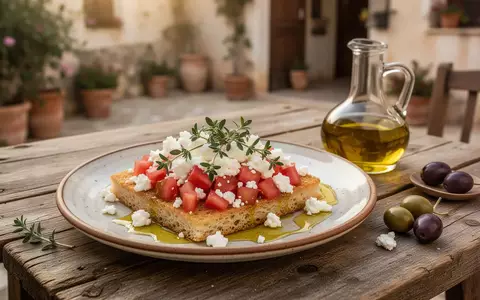 Traditionelle kretische Dakos auf einem rustikalen Holztisch mit Tomaten, Feta, Oliven und Olivenöl. - Foto: über boerse-global.de