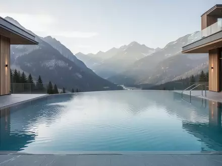 Ein leerer Infinity-Pool in einem alpinen Wellness-Resort bei Tageslicht mit Blick auf die umliegende Berglandschaft. - Foto: über boerse-global.de