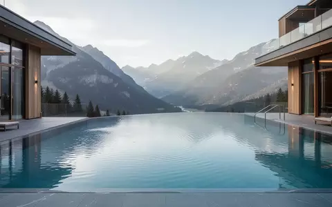 Ein leerer Infinity-Pool in einem alpinen Wellness-Resort bei Tageslicht mit Blick auf die umliegende Berglandschaft. - Foto: über boerse-global.de