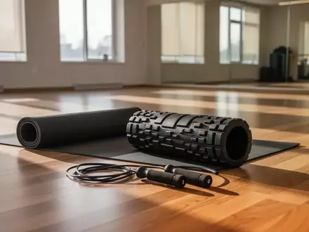 Ein minimalistisches Fitnessstudio mit einer aufgerollten Yogamatte, einer Faszienrolle und einem Springseil auf dem Boden. - Foto: über boerse-global.de