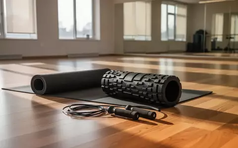 Ein minimalistisches Fitnessstudio mit einer aufgerollten Yogamatte, einer Faszienrolle und einem Springseil auf dem Boden. - Foto: über boerse-global.de