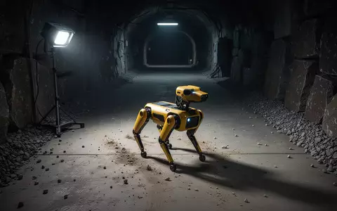 Ein vierbeiniger, gelber Laufroboter steht auf dem Boden eines dunklen Industrietunnels. - Foto: über boerse-global.de