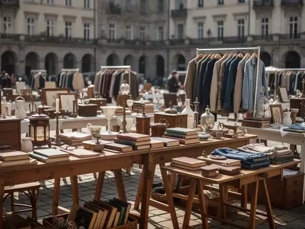 Ordentlich arrangierte Tauschartikel auf Holztischen bei einem Flohmarkt unter freiem Himmel. - Foto: über boerse-global.de