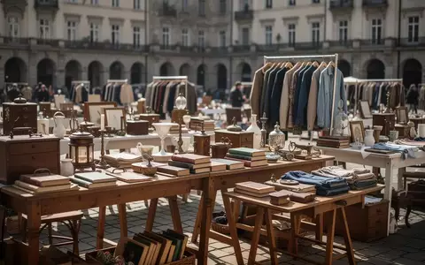 Ordentlich arrangierte Tauschartikel auf Holztischen bei einem Flohmarkt unter freiem Himmel. - Foto: über boerse-global.de