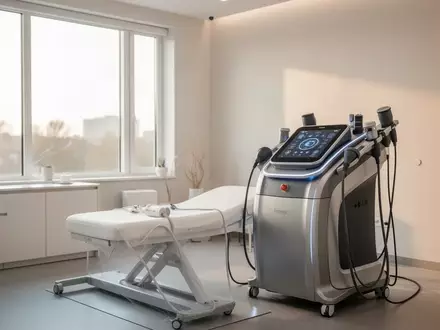 Modernes, technologisch fortschrittliches Gerät zur Muskelstimulation in einem minimalistischen Behandlungsraum. - Foto: über boerse-global.de
