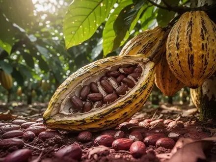 Nahaufnahme von Kakaofrüchten an einem Baum in einer Plantage bei natürlichem Tageslicht. - Foto: über boerse-global.de
