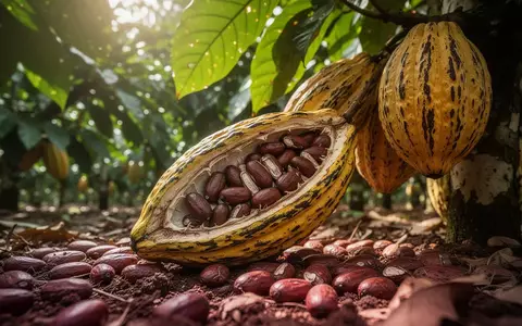 Nahaufnahme von Kakaofrüchten an einem Baum in einer Plantage bei natürlichem Tageslicht. - Foto: über boerse-global.de