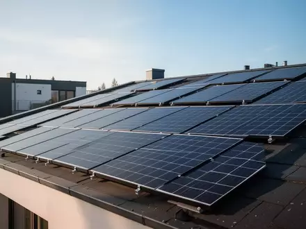 Moderne Photovoltaik-Anlage auf einem Hausdach unter blauem Himmel bei Tageslicht. - Foto: über boerse-global.de