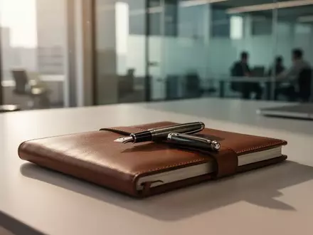 Ein moderner, professioneller Schreibtisch in einem hellen Büro mit einem Notizbuch und einem Füllfederhalter. - Foto: über boerse-global.de