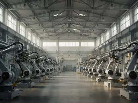 Leere Montagehalle einer Volkswagen-Produktionsstätte mit Industrierobotern bei natürlichem Lichteinfall. - Foto: über boerse-global.de