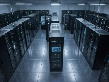 Moderne Serverräume einer Telekommunikationsanlage mit blauer Beleuchtung und geordneten Schaltschränken. - Foto: über boerse-global.de