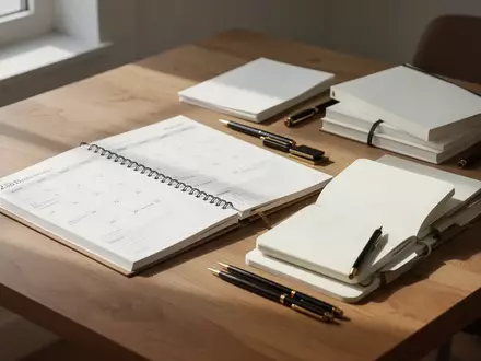 Ein ordentlicher Schreibtisch mit einem Planer, Notizbüchern und Schreibwaren in natürlichem Licht. - Foto: über boerse-global.de