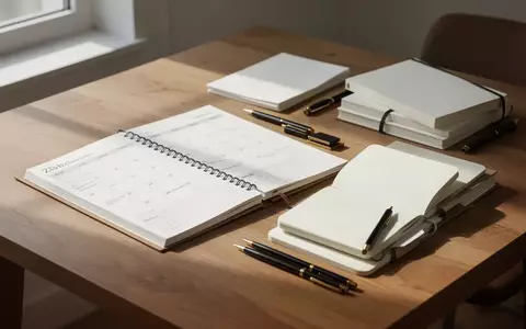 Ein ordentlicher Schreibtisch mit einem Planer, Notizbüchern und Schreibwaren in natürlichem Licht. - Foto: über boerse-global.de