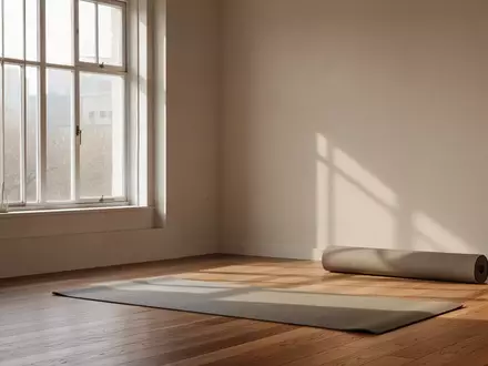 Ein minimalistischer, lichtdurchfluteter Raum mit einer zusammengerollten Yogamatte als Symbol für gesundes Altern. - Foto: über boerse-global.de
