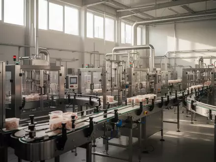 Moderne industrielle Produktionsanlage in der Lebensmittelindustrie mit Edelstahlmaschinen in einer hellen Halle. - Foto: über boerse-global.de