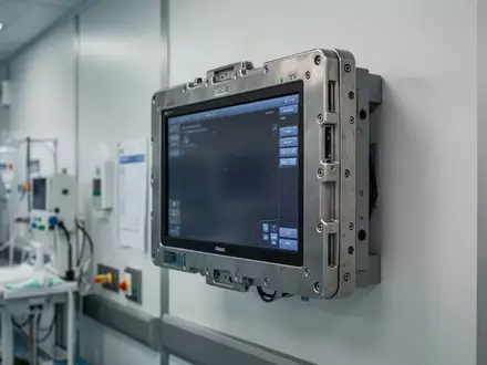 Ein robuster Industrie-Computer für medizinische Umgebungen, montiert an einer hellen Wand in einem sterilen Umfeld. - Foto: über boerse-global.de
