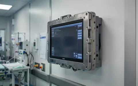 Ein robuster Industrie-Computer für medizinische Umgebungen, montiert an einer hellen Wand in einem sterilen Umfeld. - Foto: über boerse-global.de