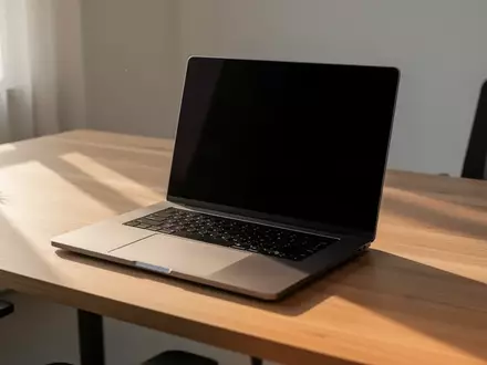 Ein moderner, minimalistischer Arbeitsplatz mit einem Laptop, dessen Bildschirm ausgeschaltet und dunkel ist. - Foto: über boerse-global.de