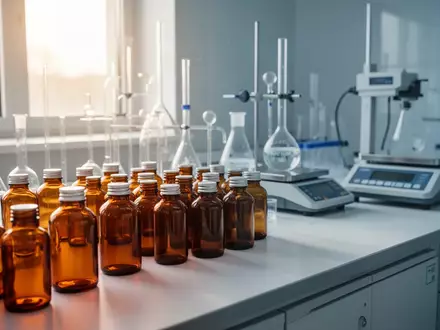 Reihung von braunen Apothekerflaschen auf einem sterilen Labortisch in einer hellen, klinischen Umgebung. - Foto: über boerse-global.de