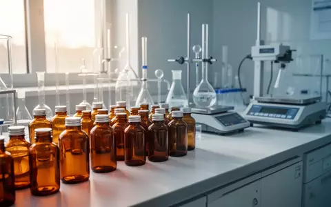 Reihung von braunen Apothekerflaschen auf einem sterilen Labortisch in einer hellen, klinischen Umgebung. - Foto: über boerse-global.de