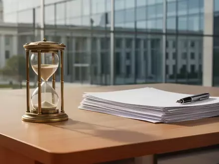 Ein hölzerner Schreibtisch mit einer Sanduhr und leeren Dokumenten vor einem unscharfen modernen Regierungsgebäude. - Foto: über boerse-global.de