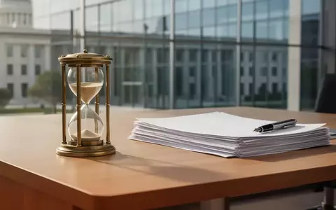 Ein hölzerner Schreibtisch mit einer Sanduhr und leeren Dokumenten vor einem unscharfen modernen Regierungsgebäude. - Foto: über boerse-global.de
