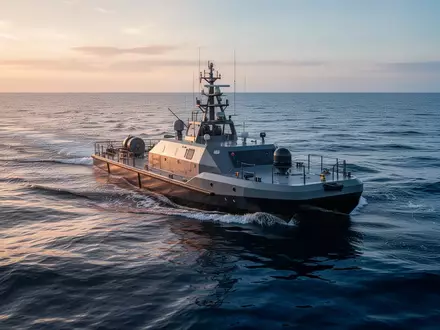 Ein unbemanntes autonomes Überwasserschiff navigiert bei ruhiger See vor einer Küste. - Foto: über boerse-global.de