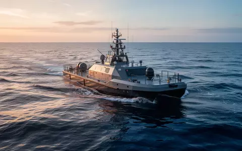 Ein unbemanntes autonomes Überwasserschiff navigiert bei ruhiger See vor einer Küste. - Foto: über boerse-global.de