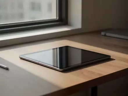 Ein modernes Tablet auf einem Holztisch in einem hellen, minimalistisch eingerichteten Raum. - Foto: über boerse-global.de