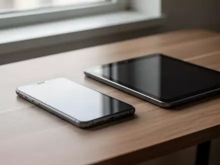 Ein modernes Smartphone und ein Tablet liegen nebeneinander auf einem Holztisch in einer hellen, minimalistischen Umgebung. - Foto: über boerse-global.de