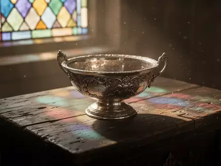 Eine antike Silberschale auf einem hölzernen Altar in einer Kirche, beleuchtet durch das Licht eines Buntglasfensters. - Foto: über boerse-global.de