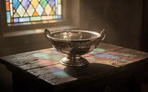 Eine antike Silberschale auf einem hölzernen Altar in einer Kirche, beleuchtet durch das Licht eines Buntglasfensters. - Foto: über boerse-global.de