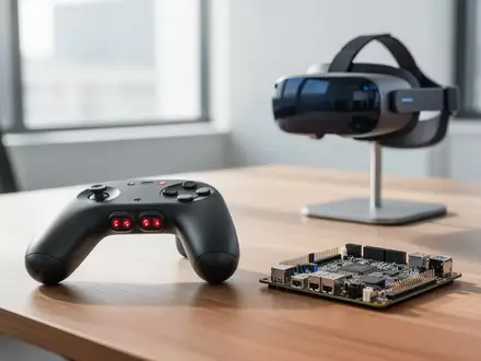 Ein moderner Arbeitsplatz mit einem Prototyp-Bewegungscontroller, einer Leiterplatte und einer Mixed-Reality-Brille auf einem Schreibtisch. - Foto: über boerse-global.de