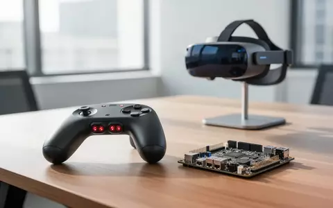 Ein moderner Arbeitsplatz mit einem Prototyp-Bewegungscontroller, einer Leiterplatte und einer Mixed-Reality-Brille auf einem Schreibtisch. - Foto: über boerse-global.de