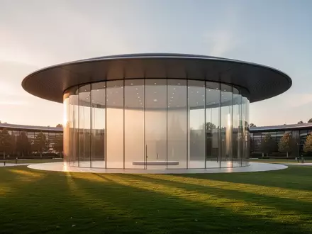 Das Steve Jobs Theater im Apple Park bei Sonnenuntergang, Architekturaufnahme ohne Personen. - Foto: über boerse-global.de