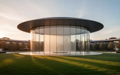 Das Steve Jobs Theater im Apple Park bei Sonnenuntergang, Architekturaufnahme ohne Personen. - Foto: über boerse-global.de