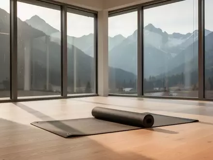 Ein leerer, sonnendurchfluteter Yoga-Raum mit Holzboden und einer zusammengerollten Matte vor einem Bergpanorama. - Foto: über boerse-global.de
