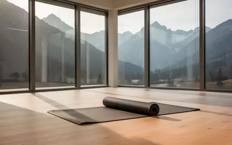 Ein leerer, sonnendurchfluteter Yoga-Raum mit Holzboden und einer zusammengerollten Matte vor einem Bergpanorama. - Foto: über boerse-global.de